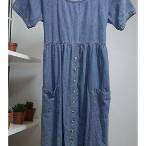 Vintage Denim True Blue Maxi Dress Teacher School Print Tie Back Pockets sz L